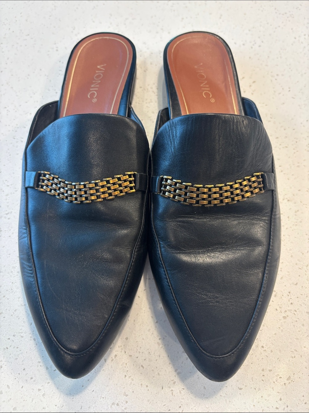 Vionic Black Leather Slip-On Loafers with Gold Chain Accent